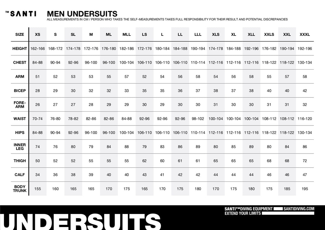 Santi Mens Sizechart Undersuits | Dive Rutland