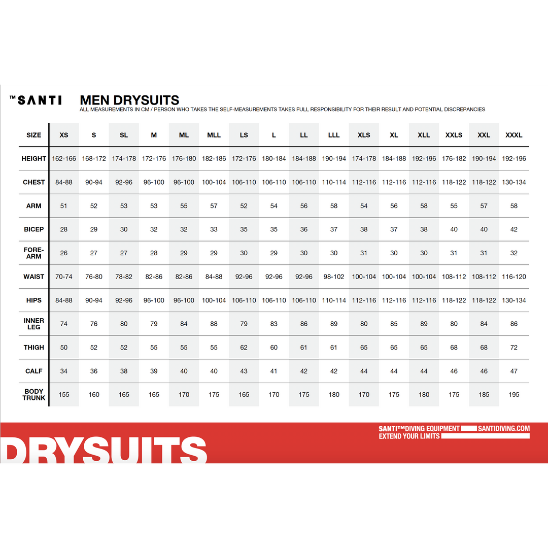 Santi E.Motion Drysuits Size Chart | Dive Rutland