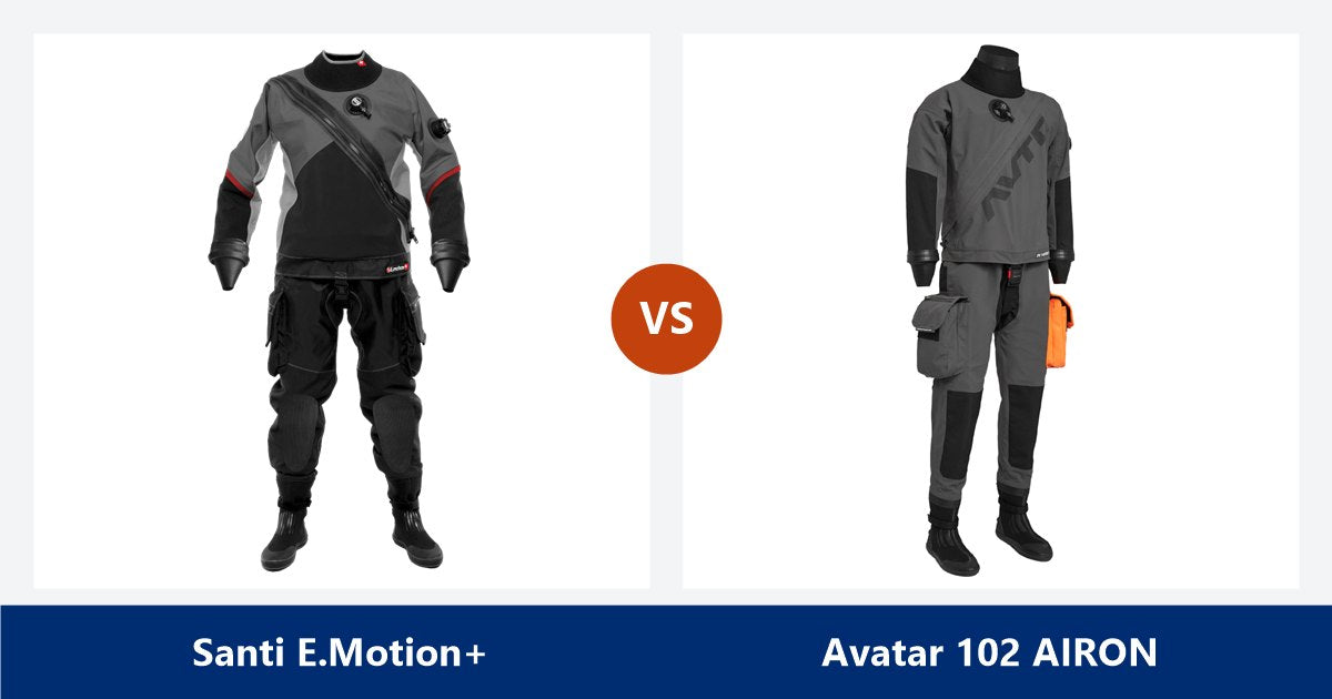 Santi E.Motion+ drysuit next to the Avatar 102 AIRON drysuit