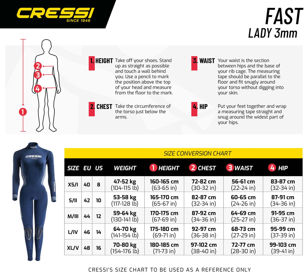Cressi Wetsuits Fast Lady 3mm Size Chart | Dive Rutland