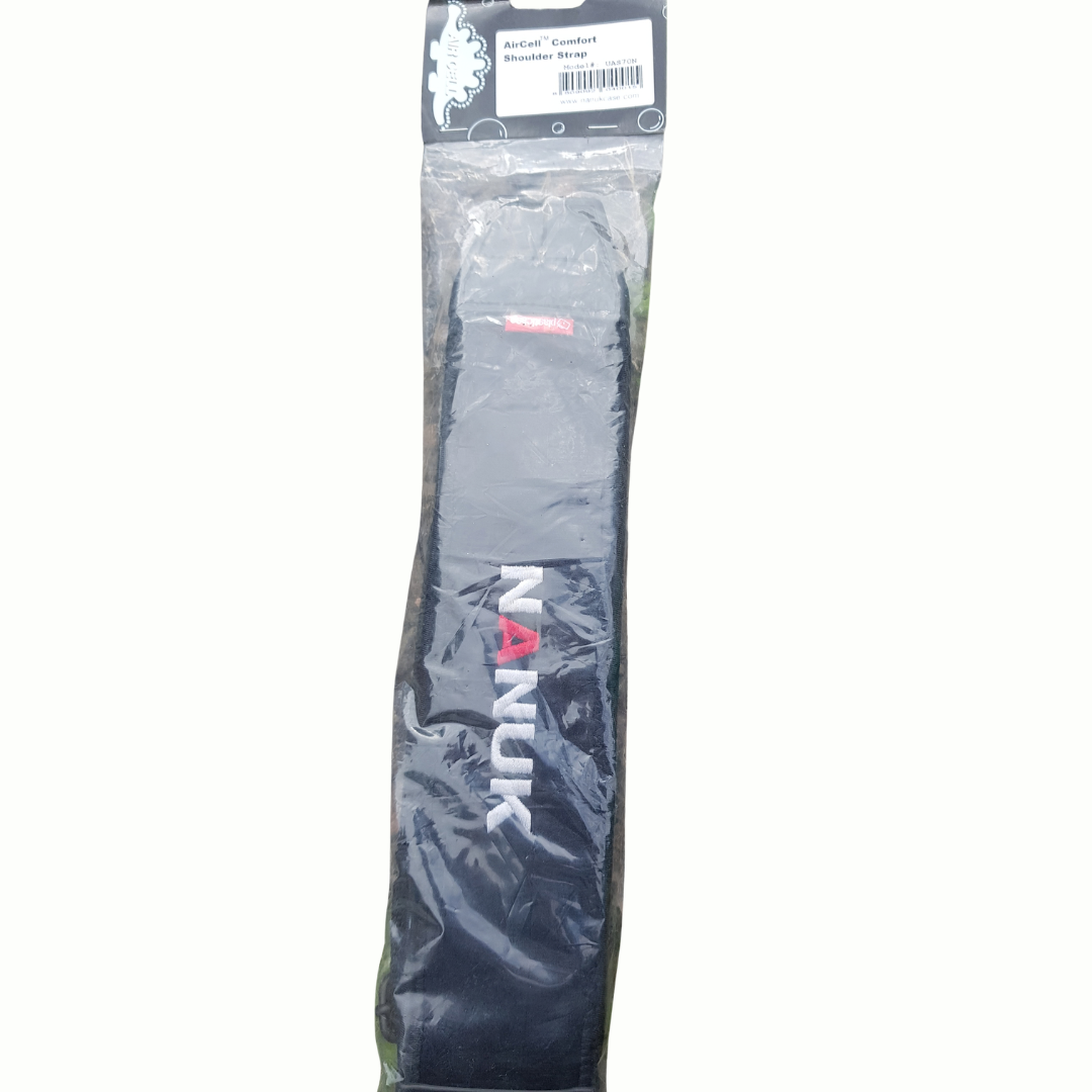 Nanuk black coated boot strap in its original retail packaging, featuring a clear plastic sleeve with a black cardboard header card and a white printed logo.