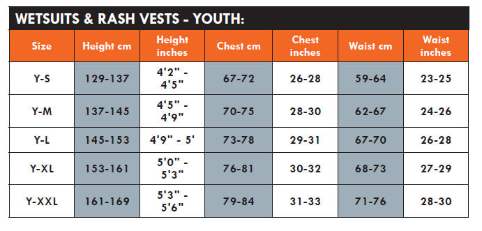 Typhoon Youth Wetsuit Size Chart | Dive Rutland