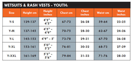 Typhoon Youth Wetsuit Size Chart | Dive Rutland