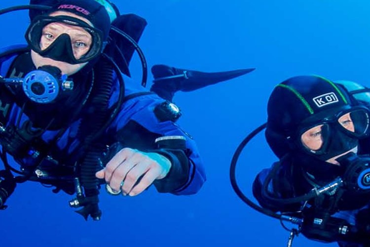 Two divers in scuba kit underwater, fitted out with lights, hoses and clipped-on accessories