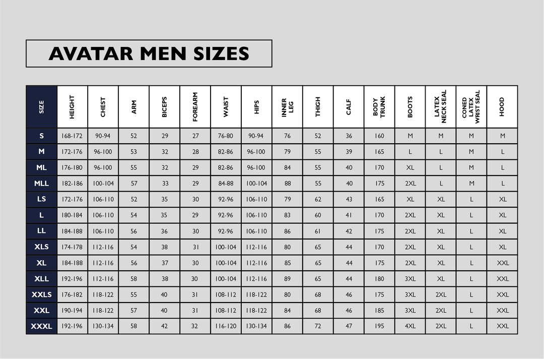 Avatar Drysuit Mens Size Chart - Dive Rutland