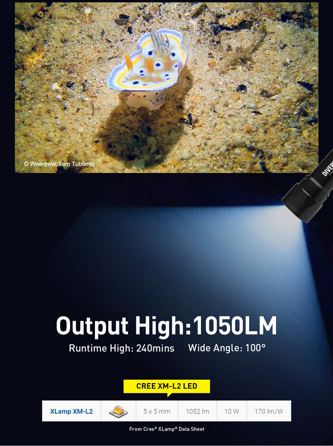 Divepro D6F 1050 lumen Twist Video/Photo Light - 240 mins burn time