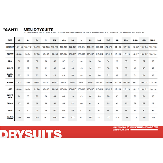 Santi E.space Drysuits Mens Size Chart | Dive Rutland 