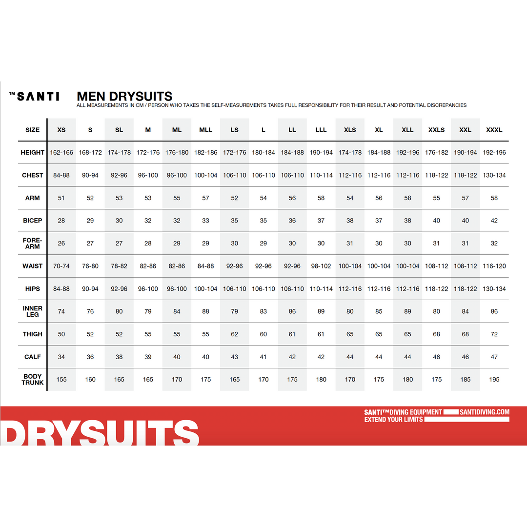 Santi Enduro Drysuits Mens Size Chart | Dive Rutland 