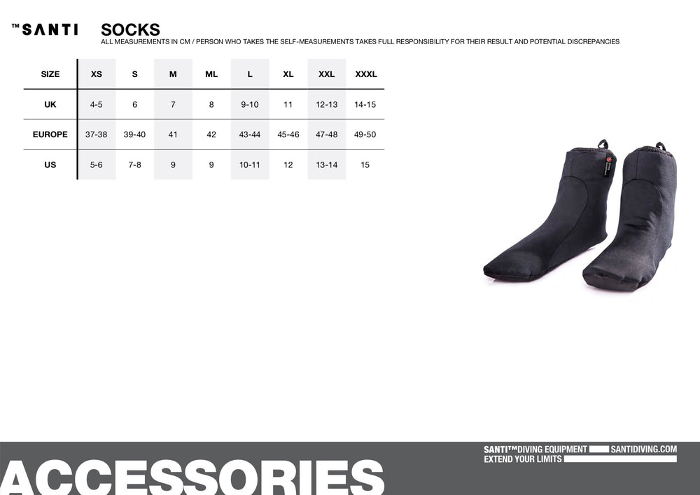 Santi Size Chart Primoloft Socks at Dive Rutland