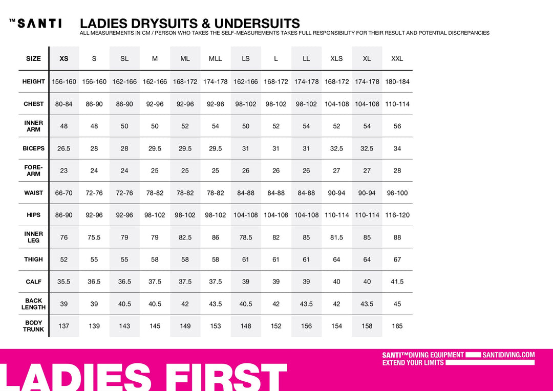 Santi Undersuit Size Chart for Women  | Dive Rutland
