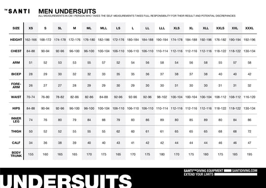Sani Undersuit Size Chart for Men  | Dive Rutland