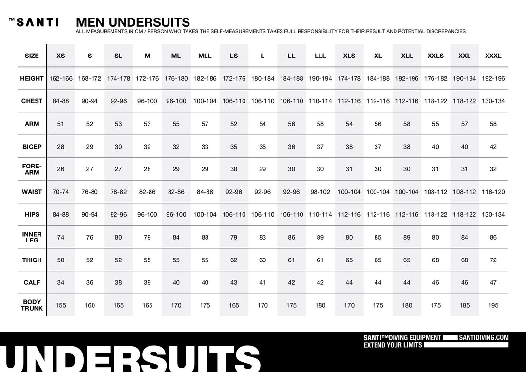 Sani Undersuit Size Chart for Men  | Dive Rutland